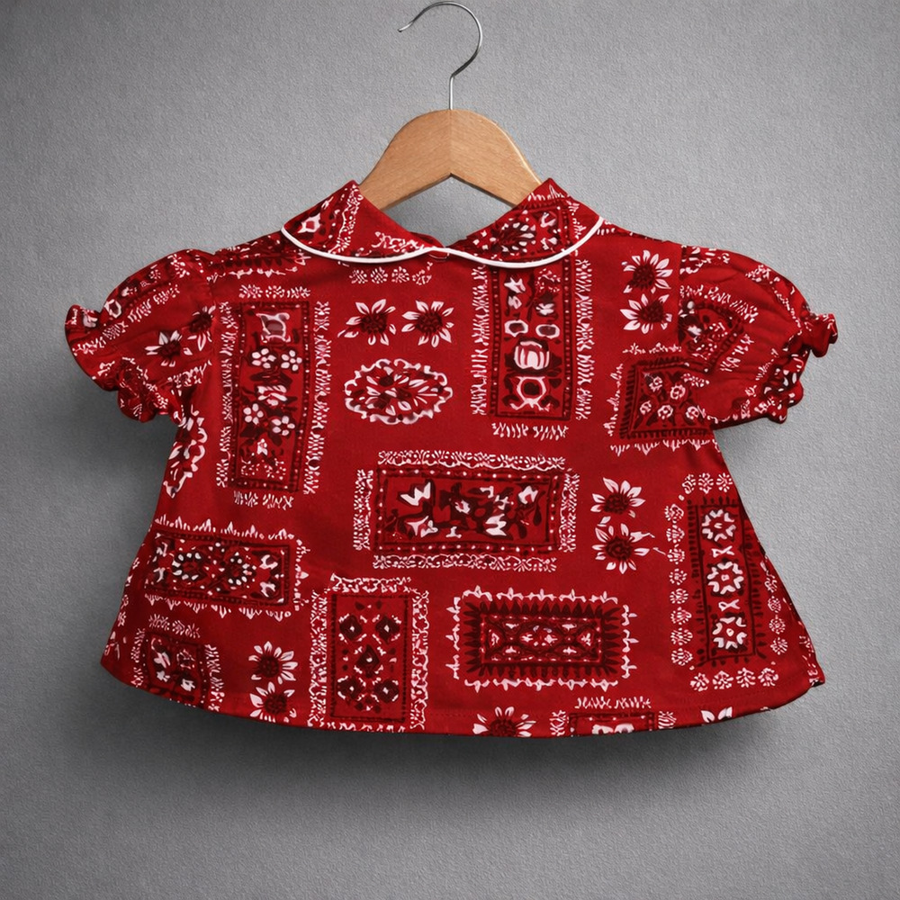 VTG 60s Red Bandana 6–9M Baby Girl Top Puff Sleeve Back Button Western Floral